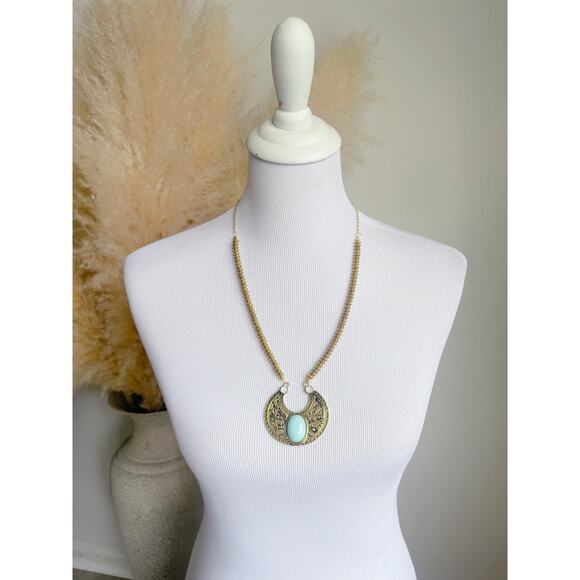 Crescent Moon Necklace Stone Egyptian Statement - Picture 1 of 7